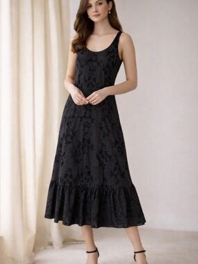 Metalicus Black Floral Midi Dress Elegant Sleeveless Ruffle Hem Fit & Flare